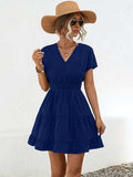Ruffled Smocked V-Neck Tiered Dress - Trendsi - Flyclothing LLC