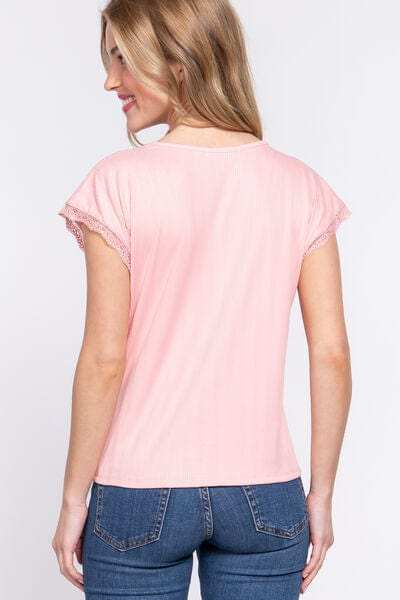 ACTIVE BASIC Lace Trim V-Neck Short Sleeve Ribbed Top - Trendsi - Flyclothing LLC