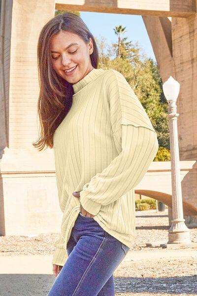 Basic Bae Full Size Ribbed Exposed Seam Mock Neck Knit Top - Trendsi - Flyclothing LLC