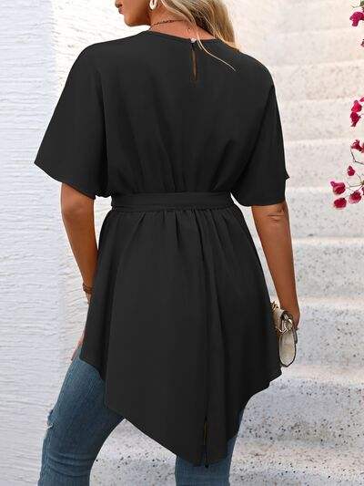 Tied Round Neck Half Sleeve Blouse - Trendsi - Flyclothing LLC