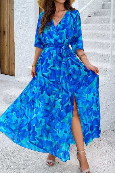 Printed Tied Half Sleeve Slit Dress - Trendsi - Flyclothing LLC