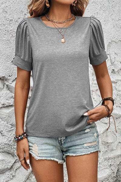 Round Neck Puff Sleeve T-Shirt - Trendsi - Flyclothing LLC