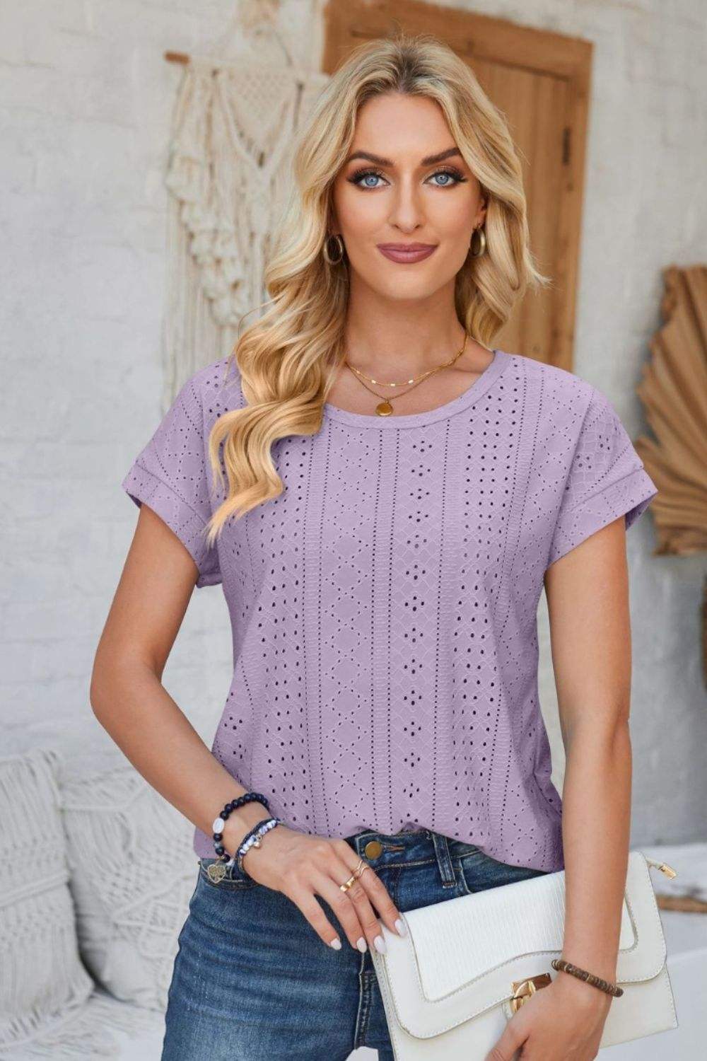 Eyelet Round Neck Rolled Short Sleeve T-Shirt - Trendsi - Flyclothing LLC