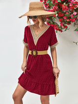 Contrast V-Neck Short Sleeve Mini Dress - Trendsi - Flyclothing LLC