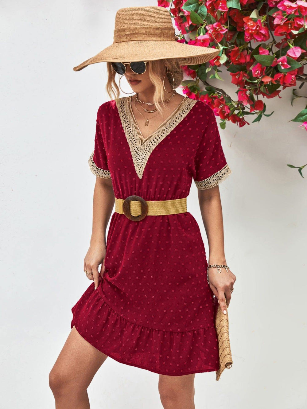 Contrast V-Neck Short Sleeve Mini Dress - Trendsi