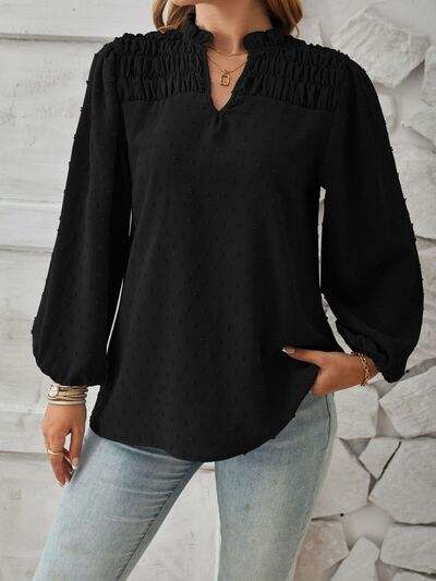 Ruched Swiss Dot Notched Balloon Sleeve T-Shirt - Trendsi - Flyclothing LLC
