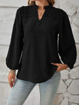 Ruched Swiss Dot Notched Balloon Sleeve T-Shirt - Trendsi - Flyclothing LLC