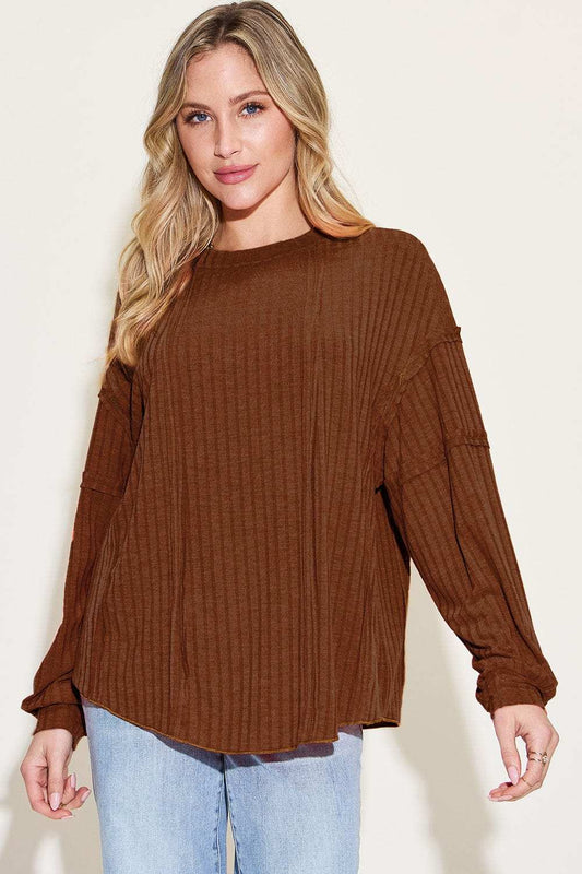 Basic Bae Full Size Ribbed Round Neck Long Sleeve T-Shirt - Trendsi - Flyclothing LLC