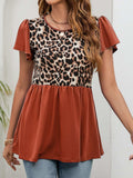Leopard Round Neck Flutter Sleeve Babydoll Blouse - Trendsi - Flyclothing LLC