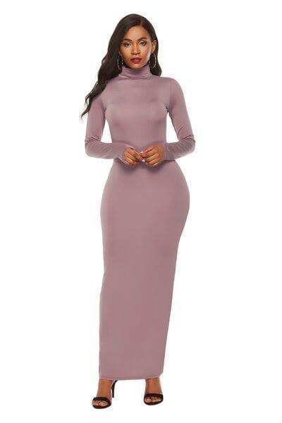 Mock Neck Long Sleeve Maxi Slim Dress - Trendsi - Flyclothing LLC