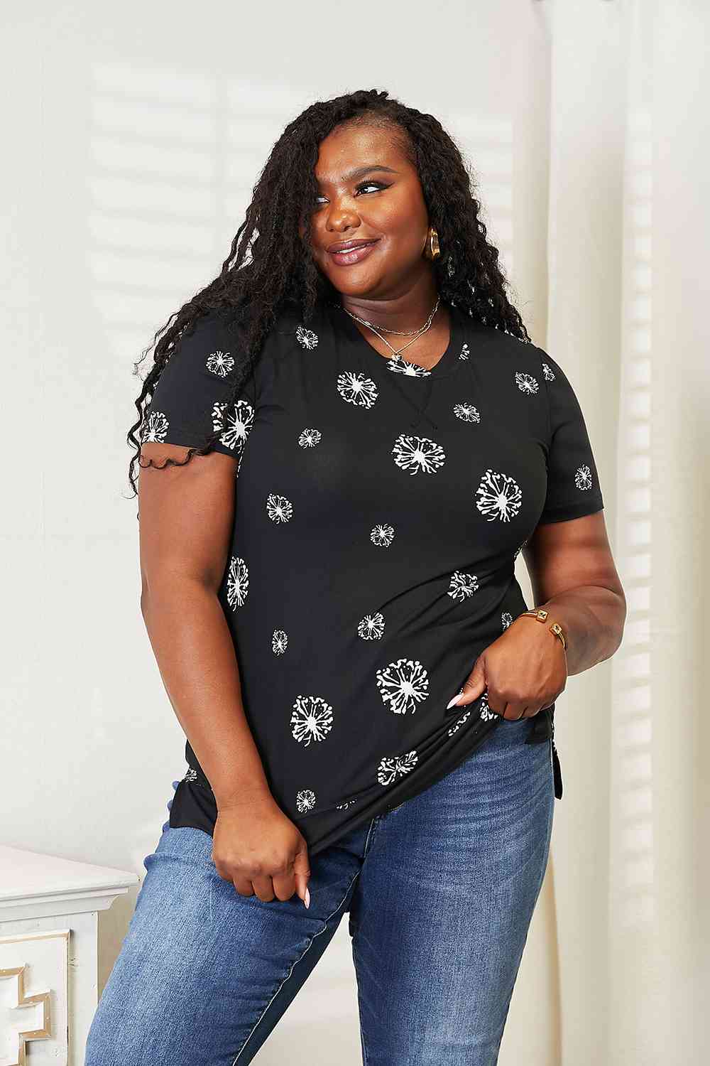 Double Take Dandelion Print Round Neck T-Shirt - Trendsi - Flyclothing LLC