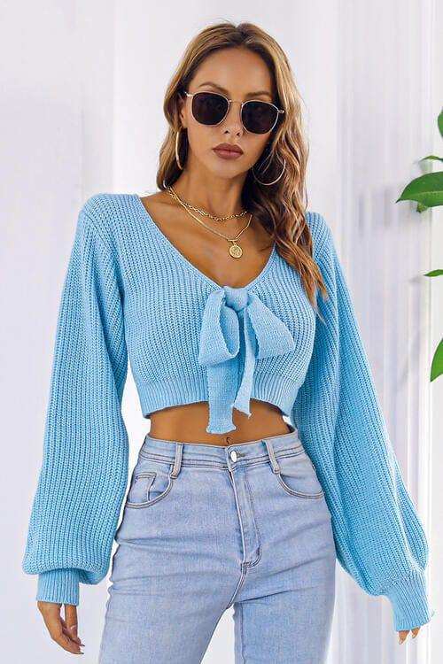 Bow V-Neck Long Sleeve Cropped Sweater - Trendsi - Flyclothing LLC