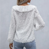 Ruffle Hem Fringe V-Neck Balloon Sleeve Blouse - Trendsi - Flyclothing LLC