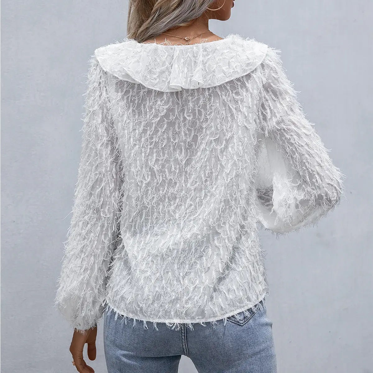 Ruffle Hem Fringe V-Neck Balloon Sleeve Blouse - Trendsi - Flyclothing LLC