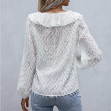 Ruffle Hem Fringe V-Neck Balloon Sleeve Blouse - Trendsi - Flyclothing LLC