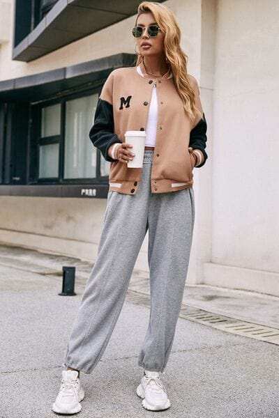 Contrast Baseball Collar Snap Down Jacket - Trendsi - Flyclothing LLC