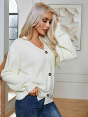 Button Up V-Neck Long Sleeve Cardigan - Trendsi