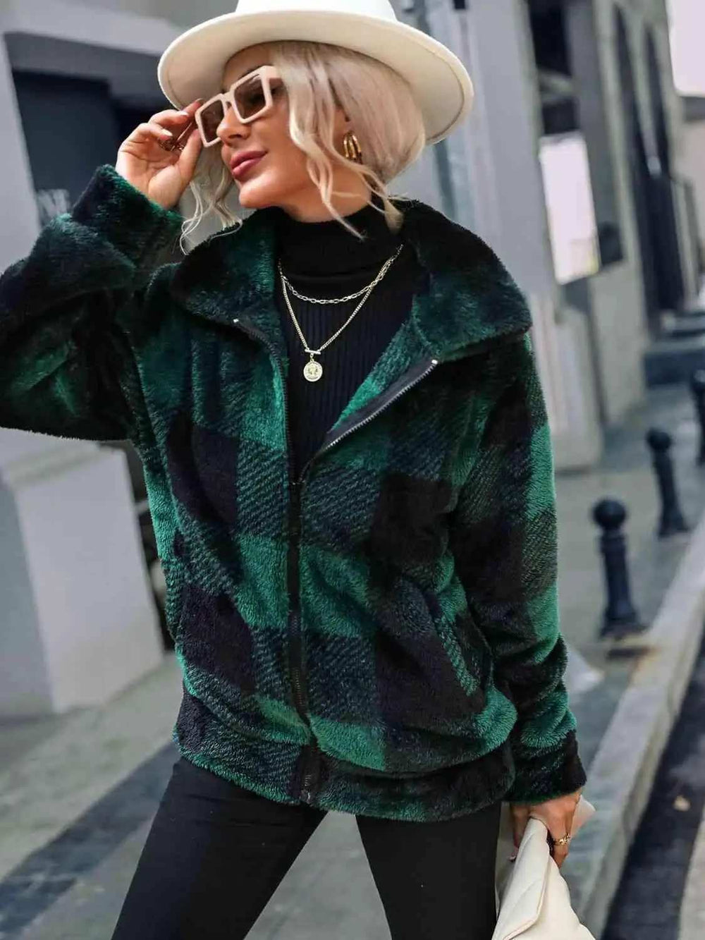 Plaid Zip-Up Collared Jacket - Trendsi - Flyclothing LLC