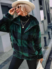 Plaid Zip-Up Collared Jacket - Trendsi