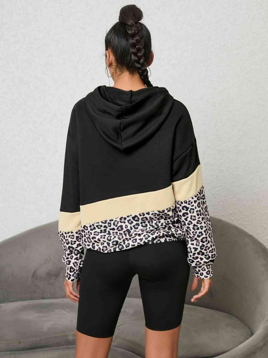 Leopard Color Block Hoodie - Trendsi