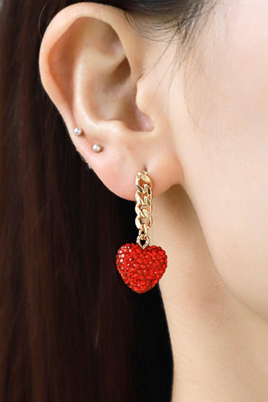 Rhinestone Heart Chain Drop Earrings - Flyclothing LLC