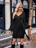 Asymmetrical Surplice Puff Sleeve Mini Dress - Trendsi - Flyclothing LLC
