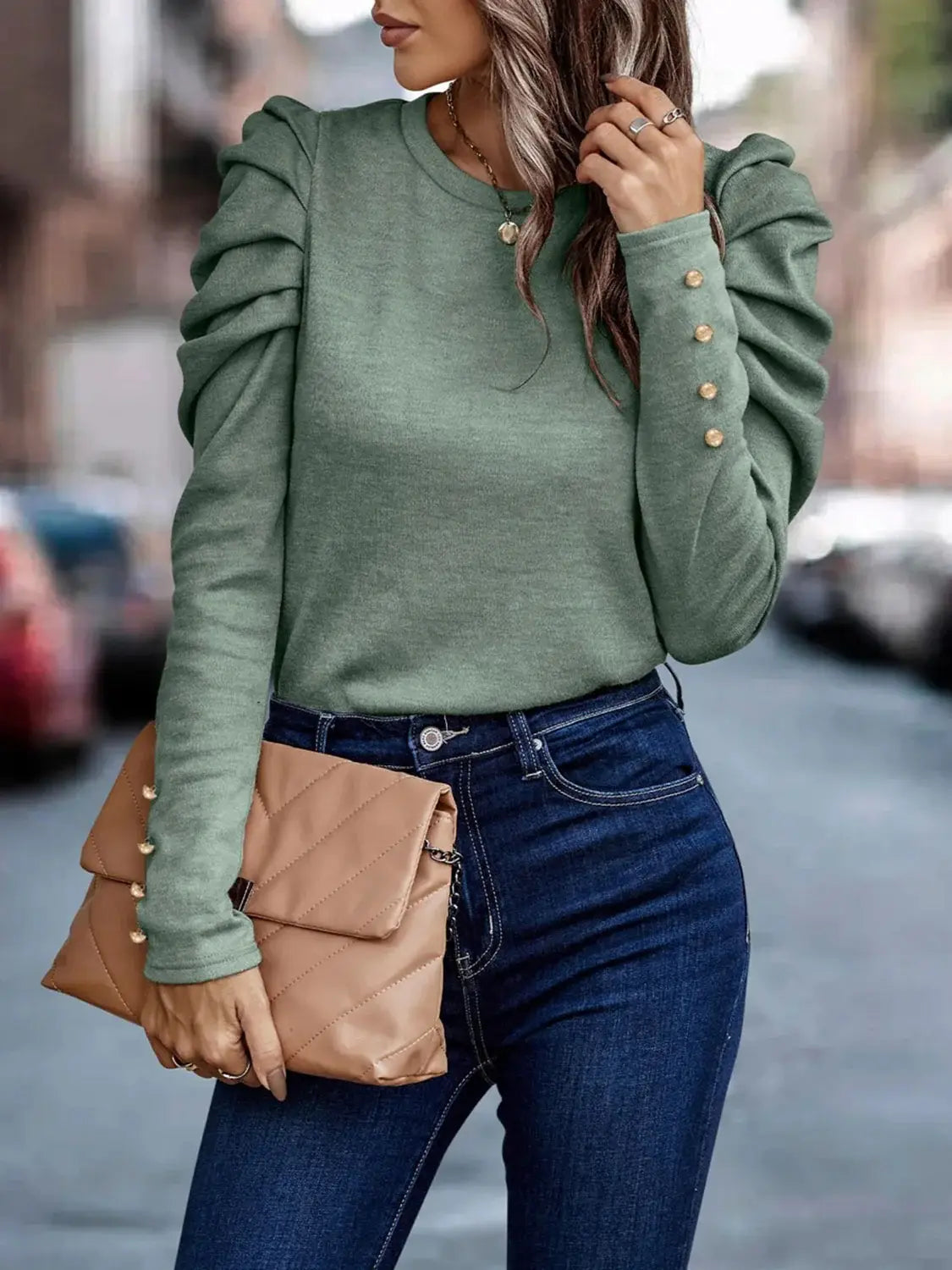Decorative Button Puff Sleeve T-Shirt - Trendsi - Flyclothing LLC