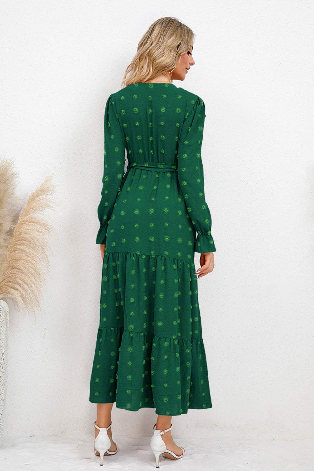 Swiss Dot Tied Surplice Flounce Sleeve Dress - Trendsi - Flyclothing LLC
