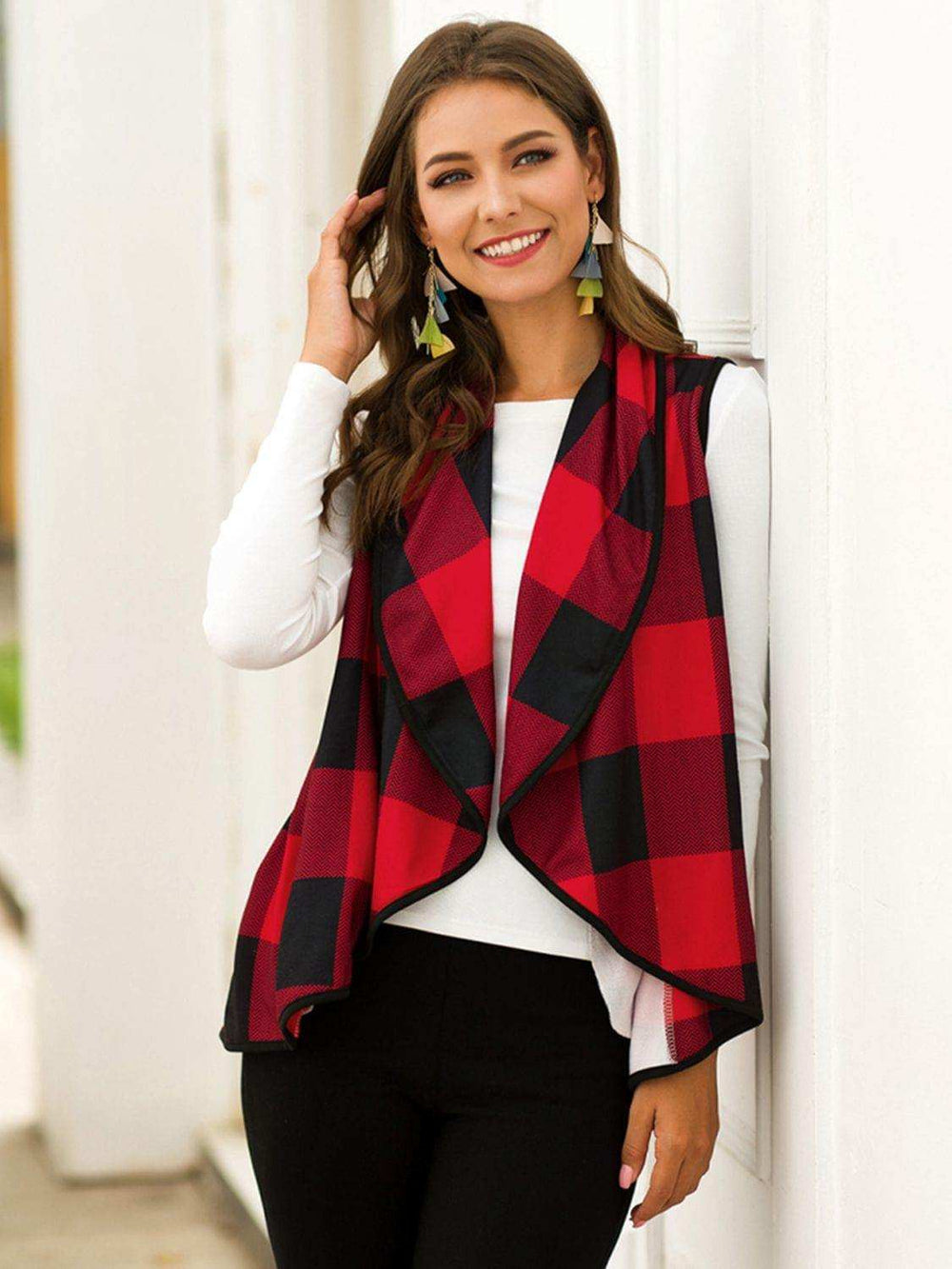 Plaid Open Front Sleeveless Cardigan - Trendsi - Flyclothing LLC