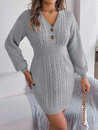 Buttoned Cable-Knit V-Neck Sweater Dress - Trendsi - Flyclothing LLC