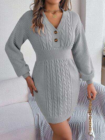 Buttoned Cable-Knit V-Neck Sweater Dress - Trendsi - Flyclothing LLC