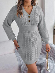 Buttoned Cable-Knit V-Neck Sweater Dress - Trendsi