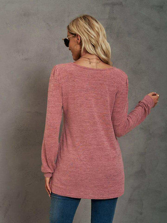 Heathered Square Neck Long Sleeve T-Shirt - Trendsi - Flyclothing LLC