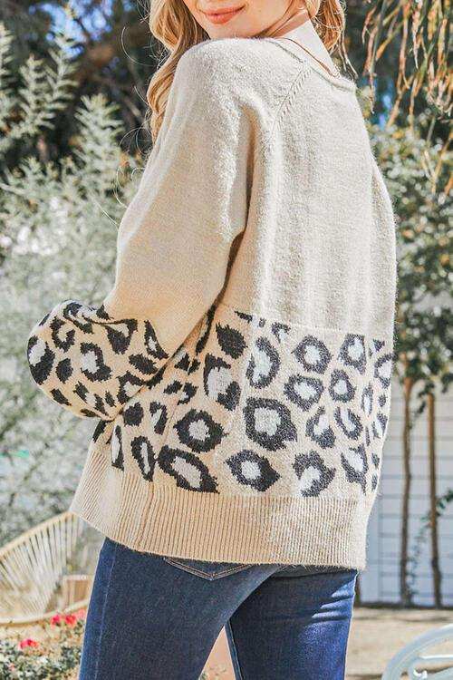 Round Neck Leopard Print Stitched Long-Sleeved Sweater - Trendsi - Flyclothing LLC