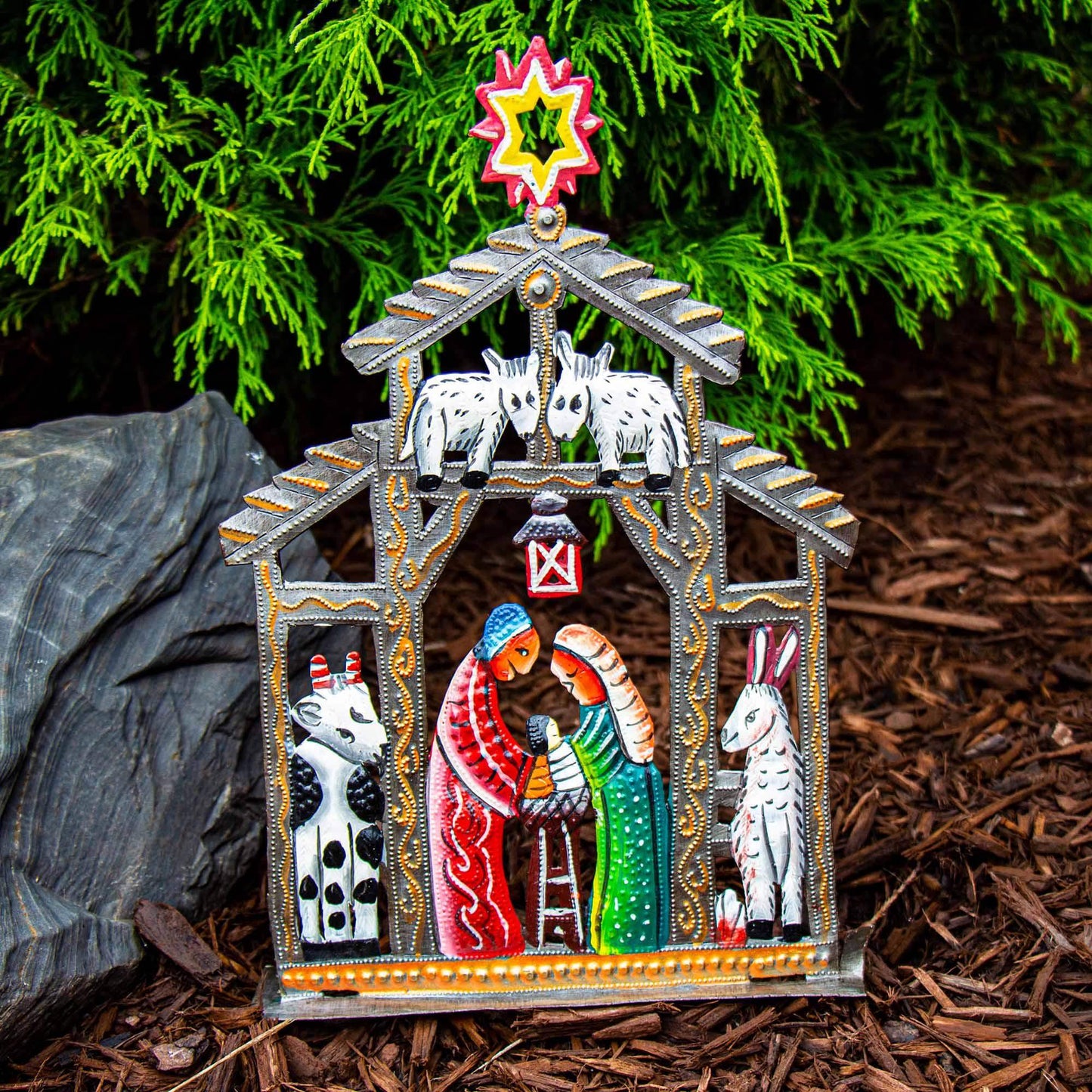 Haitian Metal Drum Tabletop Nativity with Barn Animals - Haitian Artisans - Flyclothing LLC