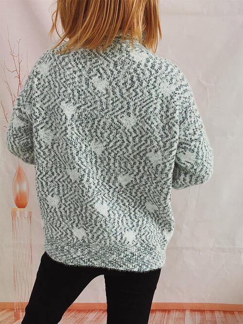Heart Heathered Turtleneck Drop Shoulder Sweater - Trendsi