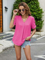 Ruched Short Sleeve V-Neck Blouse - Trendsi - Flyclothing LLC