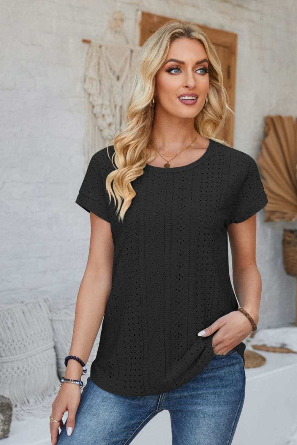 Eyelet Round Neck Rolled Short Sleeve T-Shirt - Trendsi - Flyclothing LLC