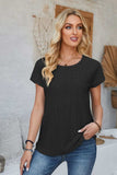 Eyelet Round Neck Rolled Short Sleeve T-Shirt - Trendsi - Flyclothing LLC