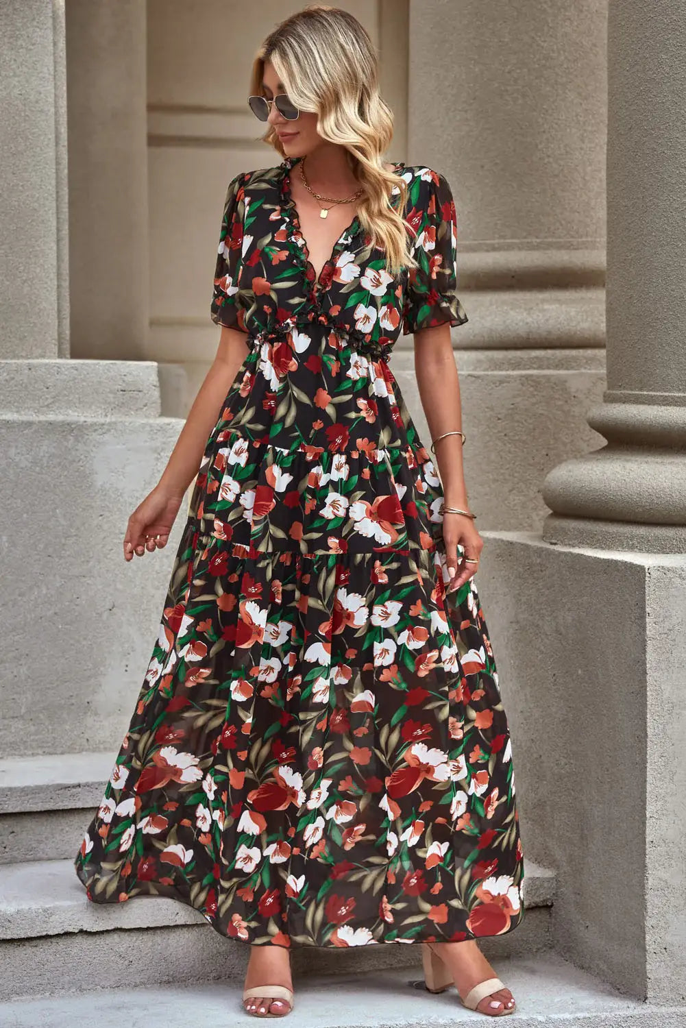 Floral V-Neck Short Flounce Sleeve Dress - Trendsi - Flyclothing LLC