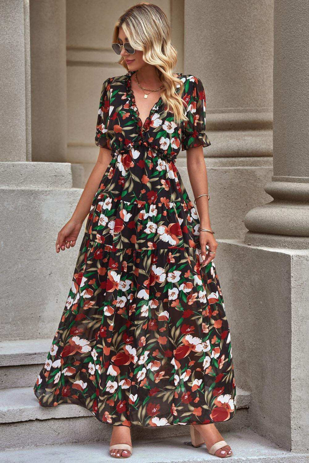 Floral V-Neck Short Flounce Sleeve Dress - Trendsi - Flyclothing LLC