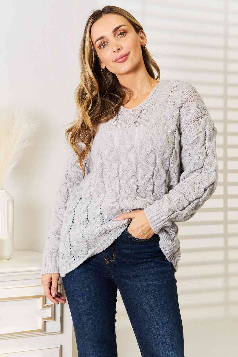 Woven Right Cable-Knit Hooded Sweater - Trendsi - Flyclothing LLC
