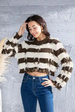 Striped Fringe Round Neck Sweater - Trendsi