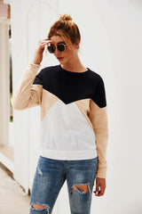 Color Block Round Neck Long Sleeve Top - Trendsi