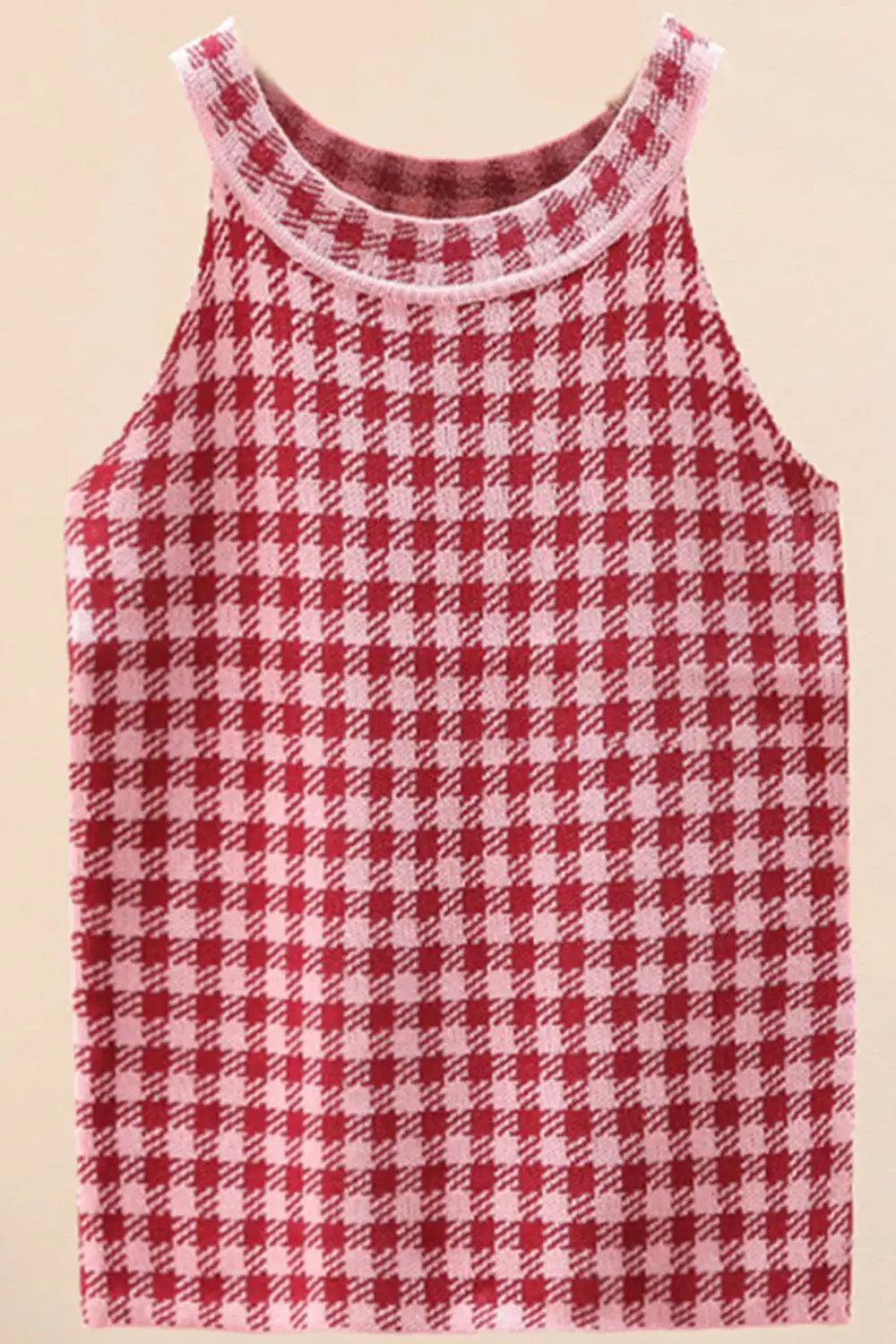 Plaid Round Neck Sleeveless Knit Top - Trendsi - Flyclothing LLC