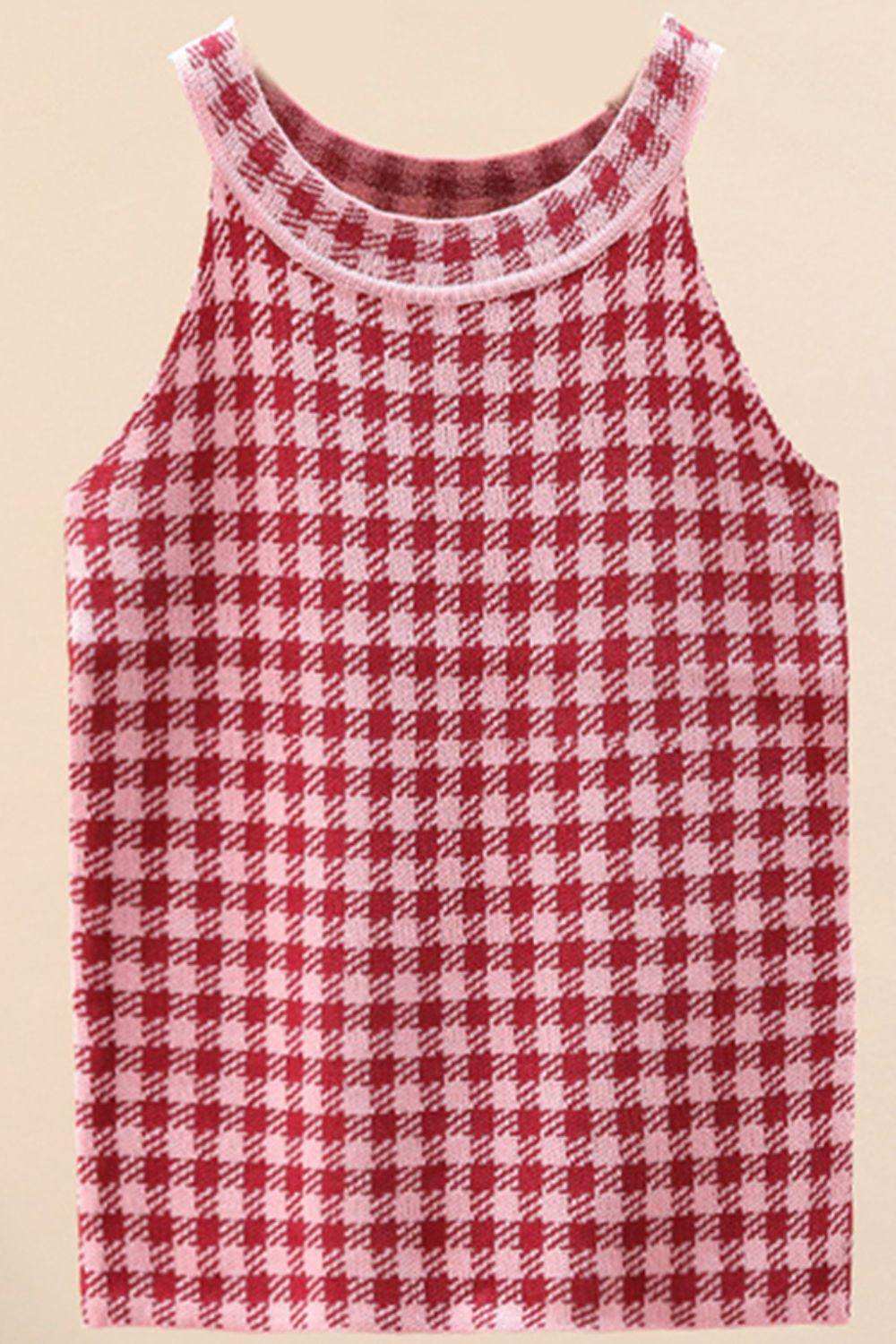 Plaid Round Neck Sleeveless Knit Top - Trendsi - Flyclothing LLC
