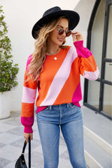Color Block Ribbed Round Neck Sweater - Trendsi - Flyclothing LLC