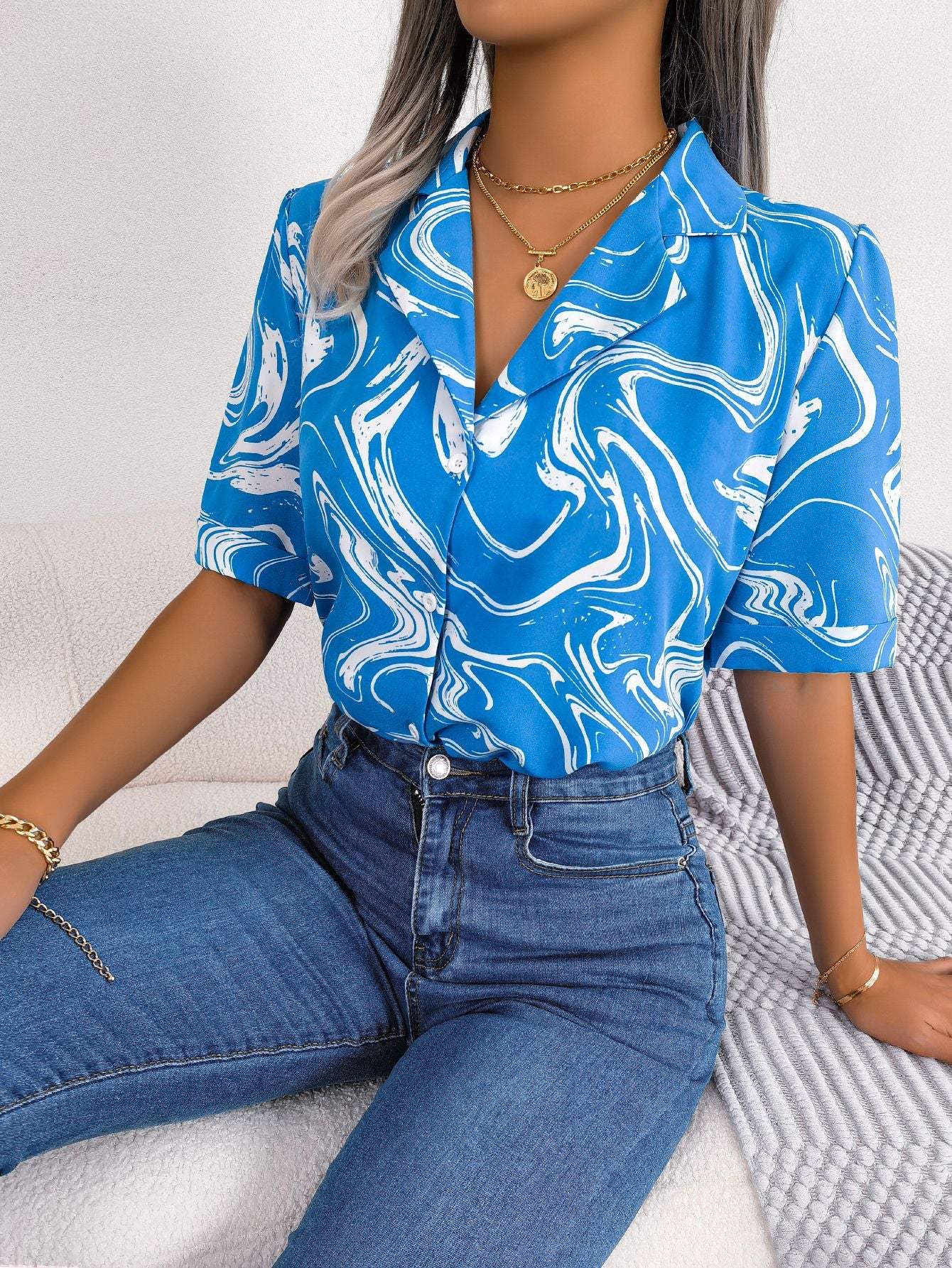Printed Lapel Collar Shirt - Trendsi - Flyclothing LLC