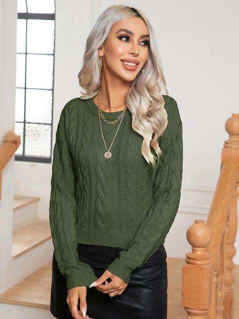 Cable-Knit Round Neck Long Sleeve Sweater - Trendsi - Flyclothing LLC