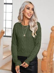 Cable-Knit Round Neck Long Sleeve Sweater - Trendsi